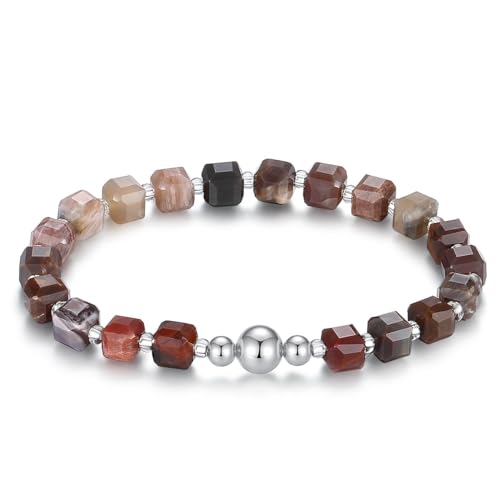 MetJakt Handgemachtes Stretch Armband mit 6MM Echtes Naturstein Würfel Design und 18k Vergoldete Kugel Edelstein Perlenarmband für Damen und Herren (Versteinerter Holzjaspis -Silber) von MetJakt