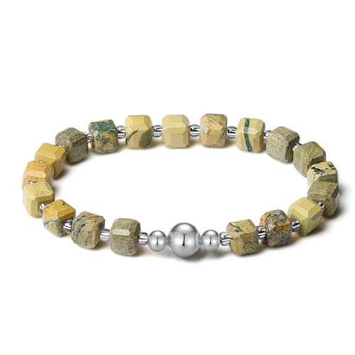 MetJakt Handgemachtes Stretch Armband mit 6MM Echtes Naturstein Würfel Design und 18k Vergoldete Kugel Edelstein Perlenarmband für Damen und Herren (Wüsten-Oasen-Jaspis -Silber) von MetJakt