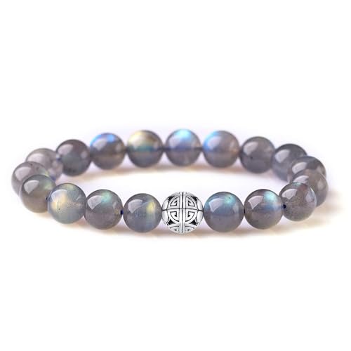 MetJakt Natürliche 8 mm Edelsteine Heilung Crystal Stretch Perlen Armband Armreif mit 925 Sterling Silber Double Happiness Anhänger (Labradorit) von MetJakt