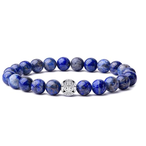 MetJakt Natürliche 8 mm Edelsteine Heilung Crystal Stretch Perlen Armband Armreif mit 925 Sterling Silber Double Happiness Anhänger (Lapislazuli) von MetJakt