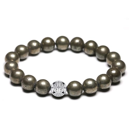 MetJakt Natürliche 8 mm Edelsteine Heilung Crystal Stretch Perlen Armband Armreif mit 925 Sterling Silber Double Happiness Anhänger (Pyrit) von MetJakt