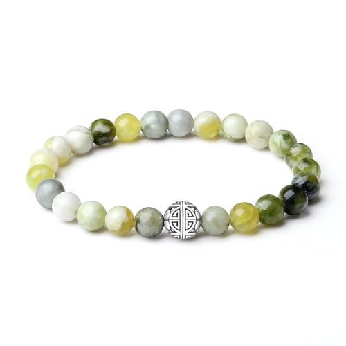 MetJakt Naturstein Armband mit 8mm Perlen und Doppelglück Silbercharm Chakra Kristallenergie Handgefertigter Schmuck für Frauen Halbedelstein Stretch Armband 18cm (Dendriten-Moosopal) von MetJakt