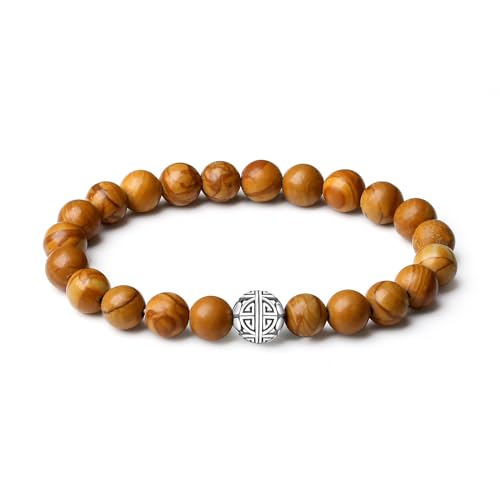 MetJakt Naturstein Armband mit 8mm Perlen und Doppelglück Silbercharm Chakra Kristallenergie Handgefertigter Schmuck für Frauen Halbedelstein Stretch Armband 18cm (Holzmaserung) von MetJakt