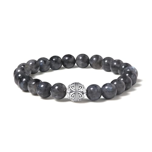 MetJakt Naturstein Armband mit 8mm Perlen und Doppelglück Silbercharm Chakra Kristallenergie Handgefertigter Schmuck für Frauen Halbedelstein Stretch Armband 18cm (Larvikit) von MetJakt
