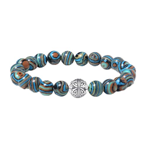 MetJakt Naturstein Armband mit 8mm Perlen und Doppelglück Silbercharm Chakra Kristallenergie Handgefertigter Schmuck für Frauen Halbedelstein Stretch Armband 18cm (Orange-Blauer Malachit) von MetJakt