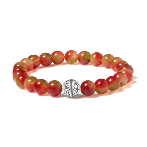 MetJakt Naturstein Armband mit 8mm Perlen und Doppelglück Silbercharm Chakra Kristallenergie Handgefertigter Schmuck für Frauen Halbedelstein Stretch Armband 18cm (Rot-Grüner Chalcedon) von MetJakt