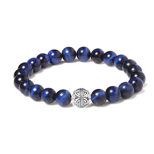 Natürliche 8 mm Edelsteine MetJakt Heilung Crystal Stretch Perlen Armband Armreif mit 925 Sterling Silber Double Happiness Anhänger (Lapislazuli-Tigerauge) von MetJakt