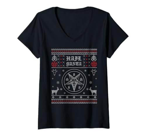 Damen Ave Santa Heavy Pagan Solstice Goth Ugly Christmas Satan T-Shirt mit V-Ausschnitt von Metal Christmas Hail Santa Krampus Pentagram Funny