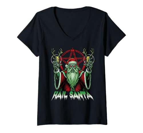 Damen Ave Santa Pagan Happy Solstice Antiweihnachtskrampus T-Shirt mit V-Ausschnitt von Metal Christmas Hail Santa Krampus Pentagram Funny