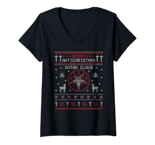 Damen Frohe Anti-Weihnachten Satan Claus Hässliche Weihnachten T-Shirt mit V-Ausschnitt von Metal Christmas Hail Santa Krampus Pentagram Funny
