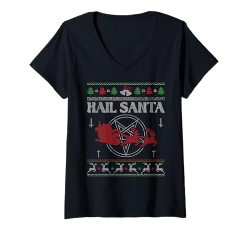 Damen Hagel Santa Metall heidnische Sonnenwende hässliches Weihnachtspentagramm T-Shirt mit V-Ausschnitt von Metal Christmas Hail Santa Krampus Pentagram Funny