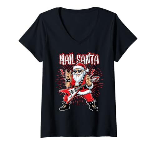 Damen Hail Santa Death Metal Pagan Solstic Santa Gitarrenrocker T-Shirt mit V-Ausschnitt von Metal Christmas Hail Santa Krampus Pentagram Funny