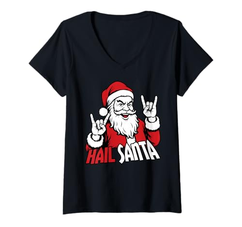 Damen Hail Santa Funny Santa Solstice Gothic Hate Christmas T-Shirt mit V-Ausschnitt von Metal Christmas Hail Santa Krampus Pentagram Funny