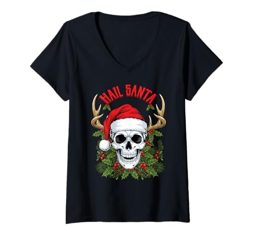 Damen Hail Santa Gruseliges Weihnachtsfest Heavy Pagan Solstice Gothic T-Shirt mit V-Ausschnitt von Metal Christmas Hail Santa Krampus Pentagram Funny