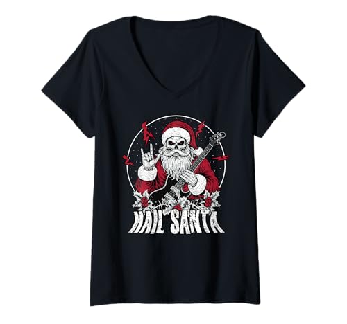 Damen Hail Santa Heavy Gitarre Happy Solstice Antiweihnachtsrock T-Shirt mit V-Ausschnitt von Metal Christmas Hail Santa Krampus Pentagram Funny