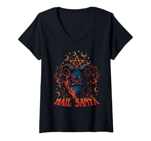 Damen Hail Santa Heavy Happy Solstice Hate Christmas Wiccan T-Shirt mit V-Ausschnitt von Metal Christmas Hail Santa Krampus Pentagram Funny