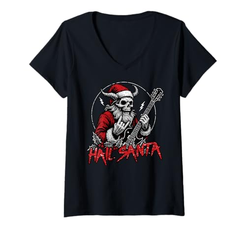 Damen Hail Santa Heavy Pagan Happy Solstice Gothic Metal Christmas T-Shirt mit V-Ausschnitt von Metal Christmas Hail Santa Krampus Pentagram Funny
