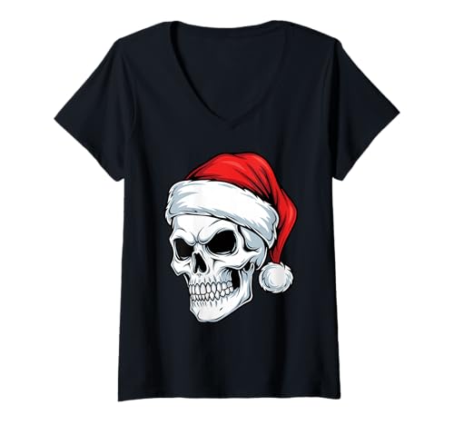 Damen Hail Santa Heavy Pagan Solstice Gothic Totenkopf aus Metall, Weihnachten T-Shirt mit V-Ausschnitt von Metal Christmas Hail Santa Krampus Pentagram Funny