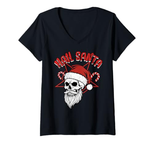 Damen Hail Santa Heavy Wicca Solstice Gothic Anti-Weihnachten T-Shirt mit V-Ausschnitt von Metal Christmas Hail Santa Krampus Pentagram Funny