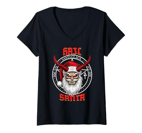Damen Hail Santa Krampus Heidnische Sonnenwende Gothic Anti Weihnachten T-Shirt mit V-Ausschnitt von Metal Christmas Hail Santa Krampus Pentagram Funny