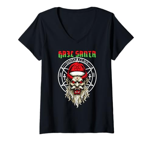 Damen Hail Santa Krampus Heidnische Sonnenwende Gothic Gruselige Weihnachten T-Shirt mit V-Ausschnitt von Metal Christmas Hail Santa Krampus Pentagram Funny