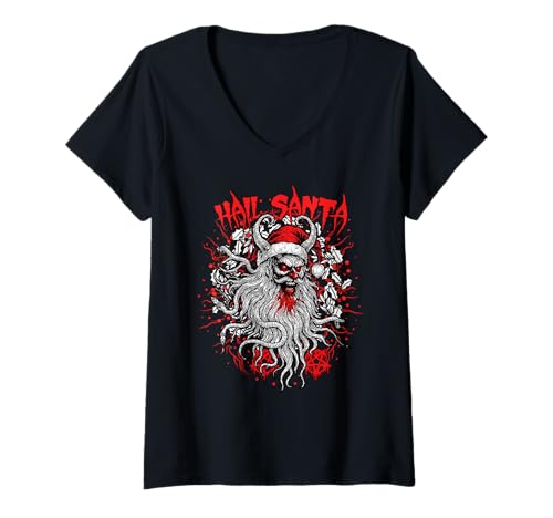 Damen Hail Santa Krampus Heidnische Sonnenwende Gothic Wicca Weihnachten T-Shirt mit V-Ausschnitt von Metal Christmas Hail Santa Krampus Pentagram Funny