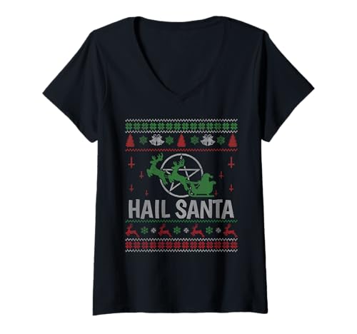 Damen Hail Santa Metall Heidnisch Happy Solstice Star Ugly Christmas T-Shirt mit V-Ausschnitt von Metal Christmas Hail Santa Krampus Pentagram Funny