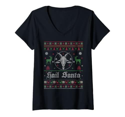 Damen Hail Santa Metall Heidnische Sonnenwende Gothic Hässliche Weihnachten Ziege T-Shirt mit V-Ausschnitt von Metal Christmas Hail Santa Krampus Pentagram Funny