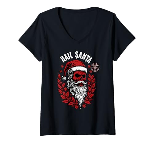 Damen Hail Santa Pagan Frohe Sonnenwende, Weihnachten, Gothic T-Shirt mit V-Ausschnitt von Metal Christmas Hail Santa Krampus Pentagram Funny