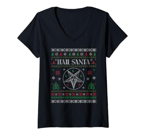 Damen Hail Santa Pagan Frohe Sonnenwende Gothic Ugly Christmas T-Shirt mit V-Ausschnitt von Metal Christmas Hail Santa Krampus Pentagram Funny