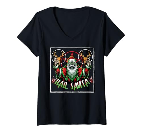 Damen Hail Santa Pagan Happy Solstice, Anti-Weihnachts-Horror T-Shirt mit V-Ausschnitt von Metal Christmas Hail Santa Krampus Pentagram Funny