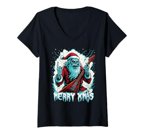 Damen Hail Santa Pagan Happy Solstice Gothic Christmas Gitarre T-Shirt mit V-Ausschnitt von Metal Christmas Hail Santa Krampus Pentagram Funny