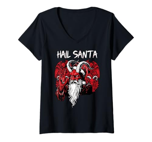 Damen Hail Santa Pagan Happy Solstice Gothic Christmas Krampus T-Shirt mit V-Ausschnitt von Metal Christmas Hail Santa Krampus Pentagram Funny