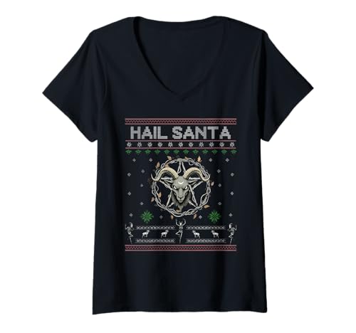 Damen Hail Santa Pagan Happy Solstice Gothic Christmas Ugly T-Shirt mit V-Ausschnitt von Metal Christmas Hail Santa Krampus Pentagram Funny