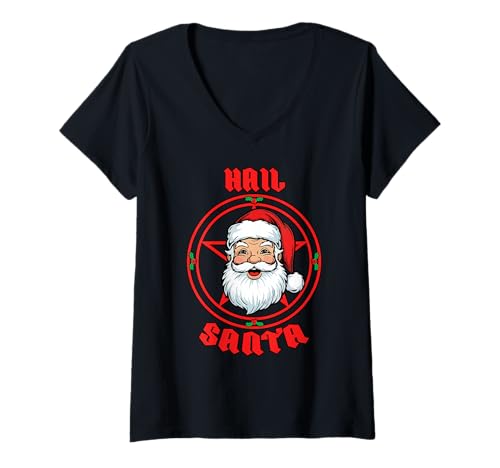Damen Hail Santa Pagan Happy Solstice Gothic Lustiger Weihnachtsmann T-Shirt mit V-Ausschnitt von Metal Christmas Hail Santa Krampus Pentagram Funny