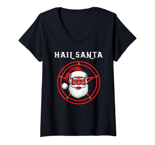 Damen Hail Santa Pagan Happy Solstice Gothic Metal Christmas T-Shirt mit V-Ausschnitt von Metal Christmas Hail Santa Krampus Pentagram Funny