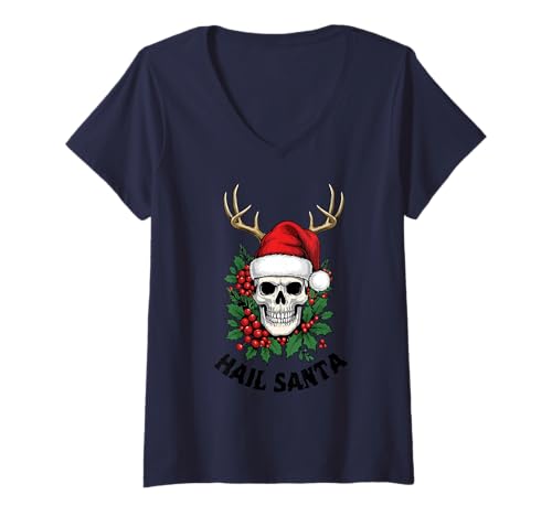 Damen Hail Santa Pagan Happy Solstice Gruseliges Weihnachtsskelett T-Shirt mit V-Ausschnitt von Metal Christmas Hail Santa Krampus Pentagram Funny