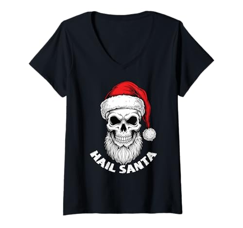 Damen Hail Santa Pagan Happy Solstice Hate Christmas Totenkopf T-Shirt mit V-Ausschnitt von Metal Christmas Hail Santa Krampus Pentagram Funny
