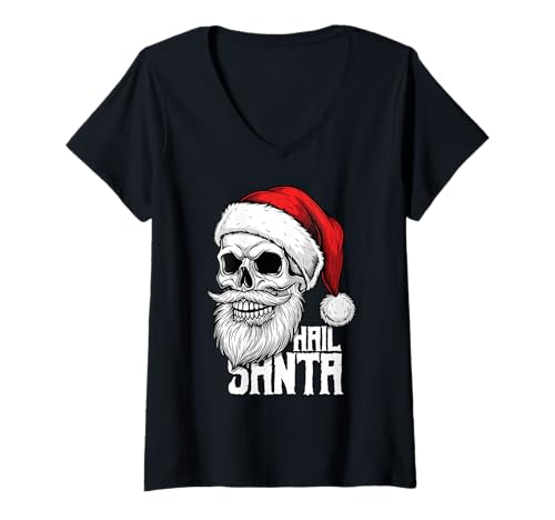 Damen Hail Santa Pagan Happy Solstice Skelett Gothic Christmas T-Shirt mit V-Ausschnitt von Metal Christmas Hail Santa Krampus Pentagram Funny