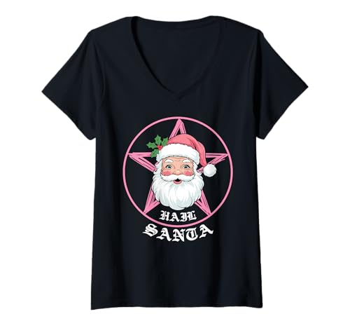Damen Hail Santa Pagan Solstice, Gothic Metal, Weihnachten, lustig T-Shirt mit V-Ausschnitt von Metal Christmas Hail Santa Krampus Pentagram Funny