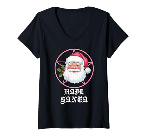 Damen Hail Santa Pagan Solstice Gothic Metal Lustiges Weihnachtsfest T-Shirt mit V-Ausschnitt von Metal Christmas Hail Santa Krampus Pentagram Funny