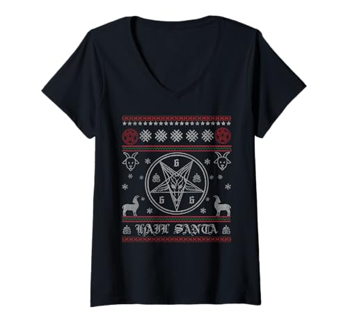 Damen Hail Santa Pentagramm Heidnische Sonnenwende Gothic Satanic Weihnachten T-Shirt mit V-Ausschnitt von Metal Christmas Hail Santa Krampus Pentagram Funny