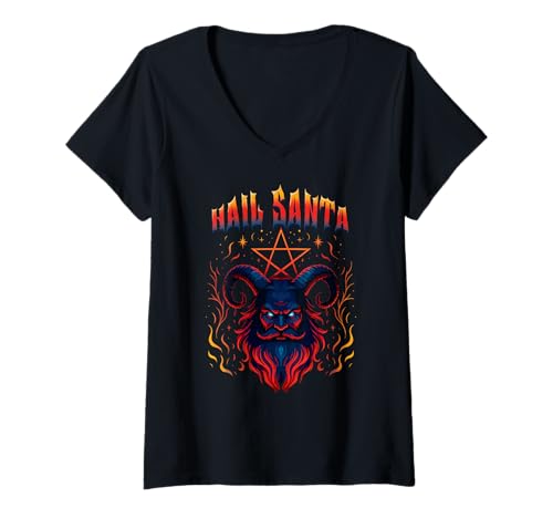 Damen Hail Santa Scary Santa Solstice Gothic Metal Christmas T-Shirt mit V-Ausschnitt von Metal Christmas Hail Santa Krampus Pentagram Funny