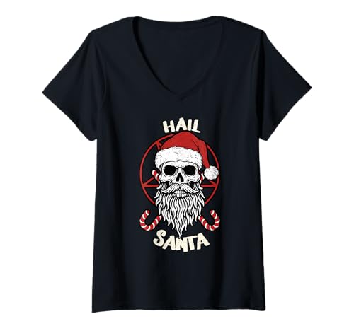 Damen Hail Santa Skull Pagan Solstice Gothic Antiweihnachtlich T-Shirt mit V-Ausschnitt von Metal Christmas Hail Santa Krampus Pentagram Funny