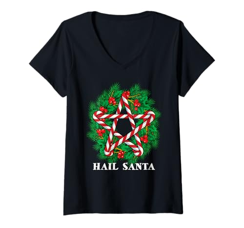 Damen Hail Santa Star Heidnische Sonnenwende Gothic Metall Weihnachtskranz T-Shirt mit V-Ausschnitt von Metal Christmas Hail Santa Krampus Pentagram Funny