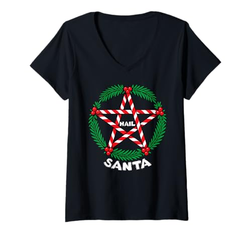 Damen Hail Santa Weihnachtskranz Heidnische Sonnenwende Weihnachten T-Shirt mit V-Ausschnitt von Metal Christmas Hail Santa Krampus Pentagram Funny