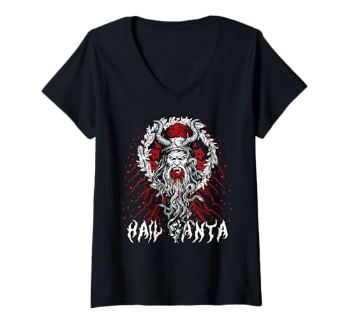 Damen Hail Santa Wicca Heidnische Sonnenwende Gothic Anti Weihnachten T-Shirt mit V-Ausschnitt von Metal Christmas Hail Santa Krampus Pentagram Funny