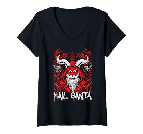 Damen Heil Santa Pagan Fröhliche Sonnenwende Gothic Christmas Satanic T-Shirt mit V-Ausschnitt von Metal Christmas Hail Santa Krampus Pentagram Funny
