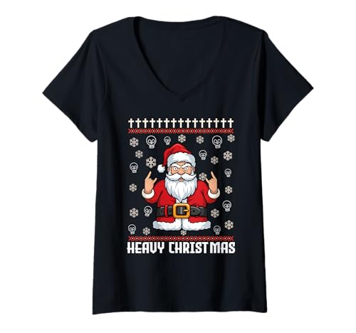 Damen Weihnachts-Rocker „Hail Santa Pagan Happy Solstice“ aus Metall T-Shirt mit V-Ausschnitt von Metal Christmas Hail Santa Krampus Pentagram Funny