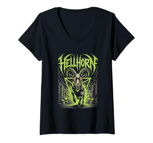 Damen Hellhorn Dämonen Ziege Totenkopf Ketten Feuerszene T-Shirt mit V-Ausschnitt von MetalHorn